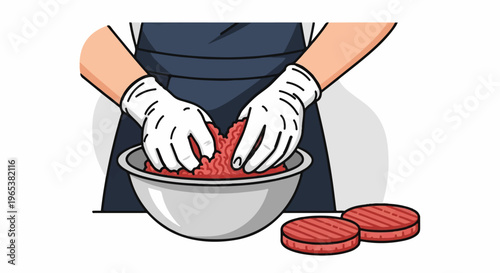 Person in apron and gloves mixes ground meat in a bowl, patties nearby