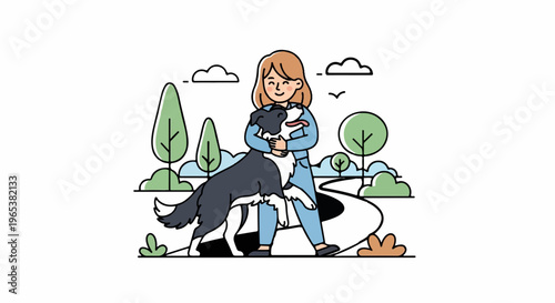 A happy person embracing a dog in a park with trees, clouds, and a path