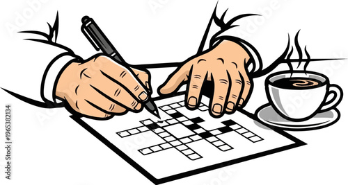 Hands filling out crossword puzzle with hot coffee beside them