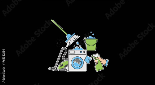 Home cleaning tools broom, vacuum, washer, bucket, spray