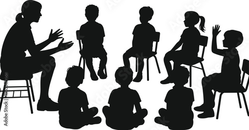 Black Silhouette Vector Illustration of a Female Teacher Talking to Children in a Circle for Classroom Education Kindergarten and Learning