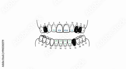 Dental chart illustrating upper and lower teeth with numerical markings and shading