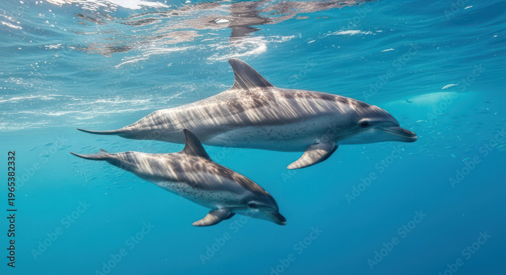 Naklejka premium Two Spinner Dolphins Swimming Together in Clear Blue Ocean Water.