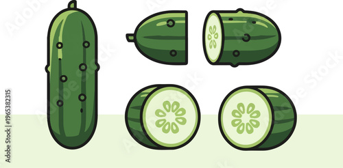Four cartoonish depictions of a whole and sliced green cucumber