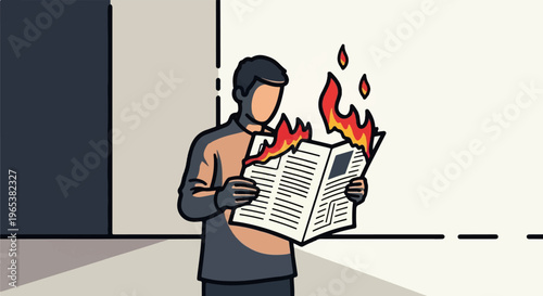 Man holding a newspaper engulfed in flames