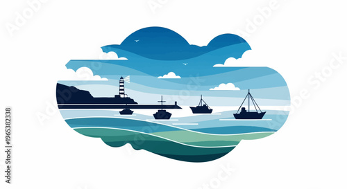 A stylized coastal scene with a lighthouse guiding ships across wavy blue seas