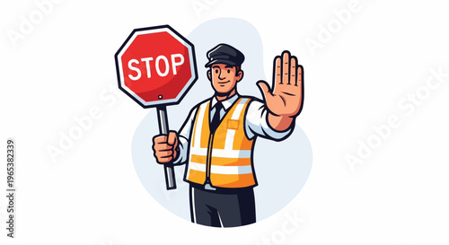 Man holding stop sign and raising hand, wearing safety vest and cap