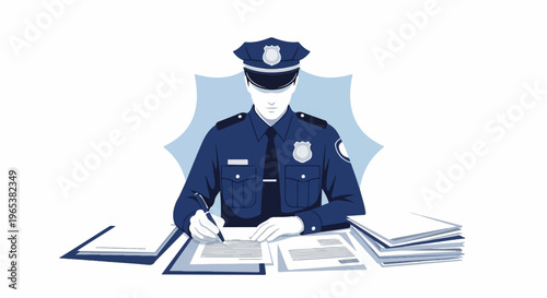 Officer writing at a desk with stacks of paper