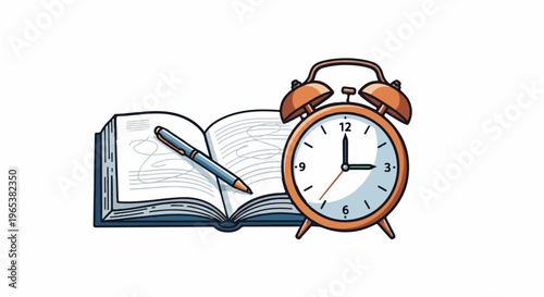 Open book with pen and alarm clock showing 300