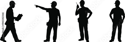 Construction site manager silhouettes set with foreman supervisor engineer worker pointing and using radio for industrial building project management works