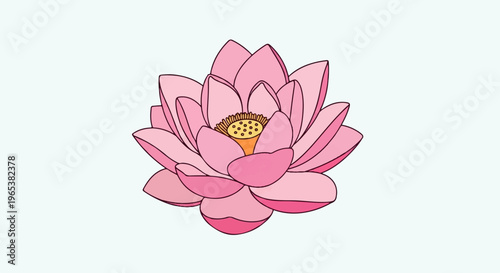 A stylized pink lotus flower with a detailed center against a light blue background
