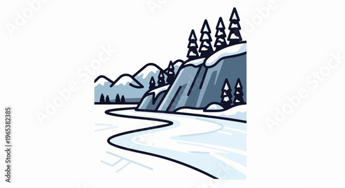 A stylized snowy landscape with a winding frozen river and rocky hills