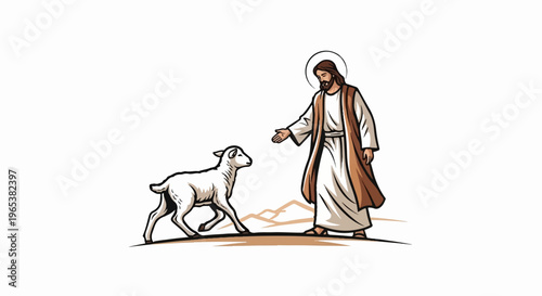 Jesus with outstretched hand, approaches a lamb with a halo