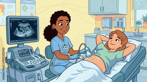 A female doctor performing an ultrasound on a pregnant woman in a medical office with a screen displaying the ultrasound image