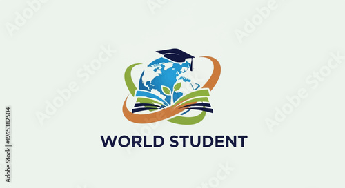 Globe, graduation cap, book, and growing plant with encircling bands