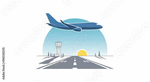 Blue airplane flies over runway, airport tower, and sun