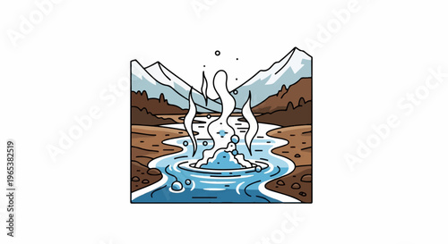 Geyser erupting in a rocky landscape with snow-capped mountains in background