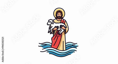 Religious figure holding a lamb, standing in stylized water