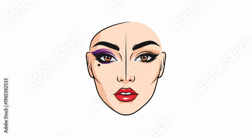 Boldly made-up face, half bald, half with makeup and hair
