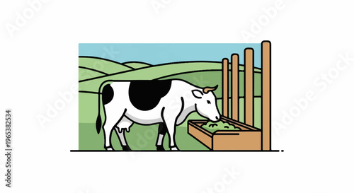 Black and white cow eating from a wooden feeder in a green pasture under a blue sky
