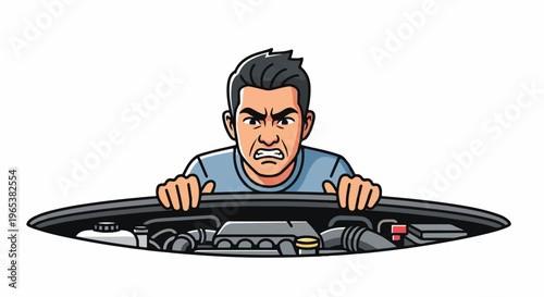 Frustrated person working on car engine, hands gripping the hood