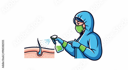 Person in protective gear sprays liquid onto a cross-section of skin and hair follicle