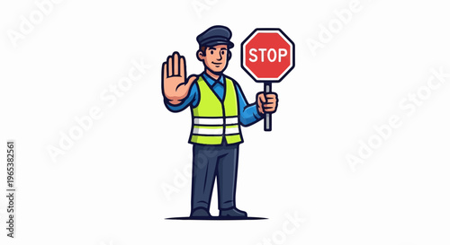 Cartoon character in safety vest and cap holds stop sign, hand raised