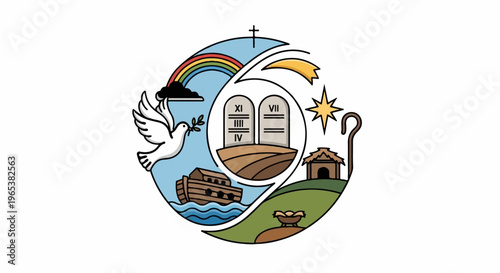 Religious symbols dove, ark, commandments, manger, stable, shepherd's crook, star, rainbow, cross