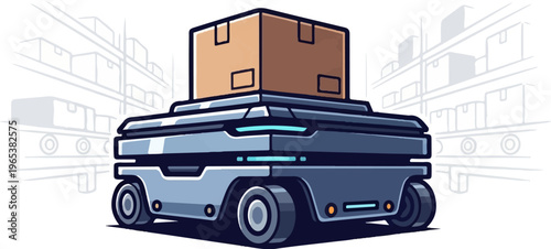 Robotic warehouse vehicle with a box on top, shelves in background