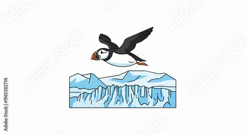 Cartoon puffin flying over icy mountains in a crisp arctic landscape