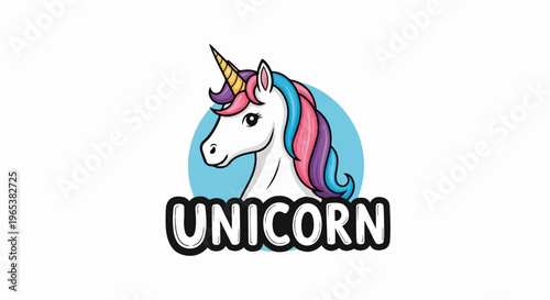 Cartoon unicorn with rainbow mane and horn against blue circle