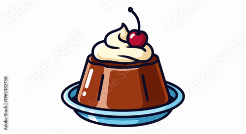 Chocolate pudding with cream and cherry on a blue plate