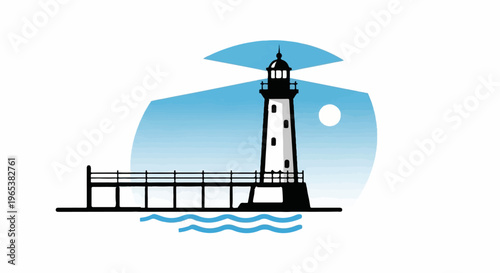 Coastal beacon guides ships, with a pier and moon in a gradient sky
