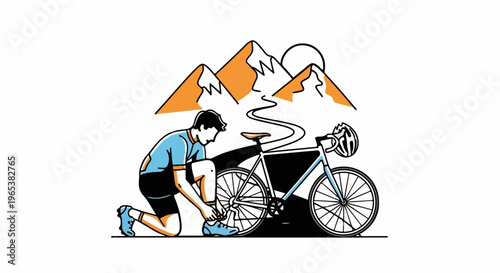 Cyclist preparing for mountain road trip with bike and helmet