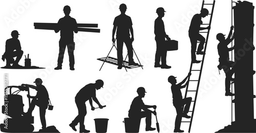 Construction workers silhouettes set with ladder climbing builders carrying materials using hand tools for building site industrial maintenance and repair