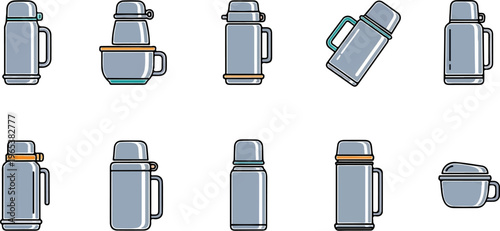 Collection of modern insulated containers for beverages, in various shapes