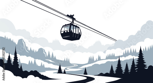 Silhouette of cable car gliding over a snowy mountain landscape with trees