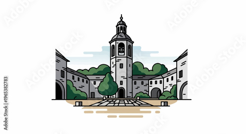 Stylized illustration of a stone courtyard with a bell tower and greenery