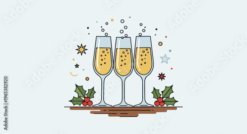 Three champagne glasses filled with bubbly, surrounded by festive decorations