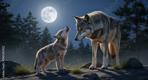 Wolf Pup Howling at the Moon with Adult Wolf Watching.