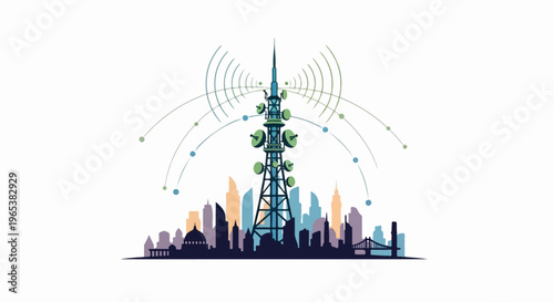 Tower transmits signals over a colorful city skyline