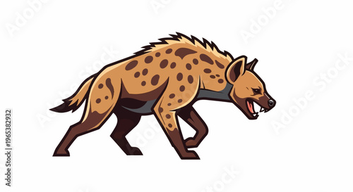 Cartoon hyena with spotted coat and sharp teeth walks forward