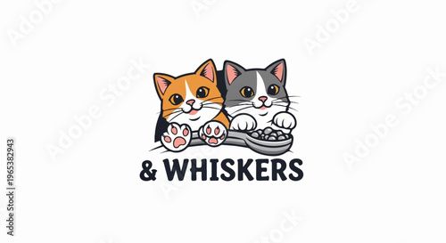 Two cute cartoon cats sharing a bowl of food