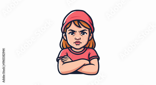Cartoon girl with red bandana and pink shirt, arms crossed, angry expression