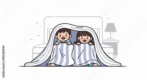 Two children hide under a striped blanket in bed, with a lamp on nightstand