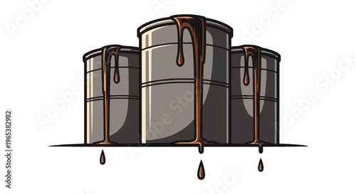Three industrial tanks leaking dark liquid