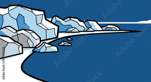 Stylized illustration of icy shore with blue water and sky