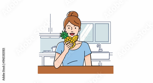 Woman with a bun hairstyle in a blue shirt eating pineapple in a kitchen