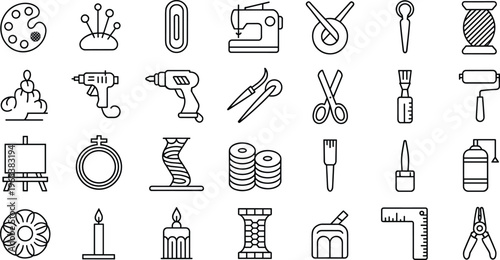 Craft and hobby tool line icons set with sewing machine palette scissors glue gun and hardware equipment for DIY workshop projects