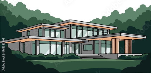 A modern, multi-level home with large windows, set against a backdrop of lush green trees